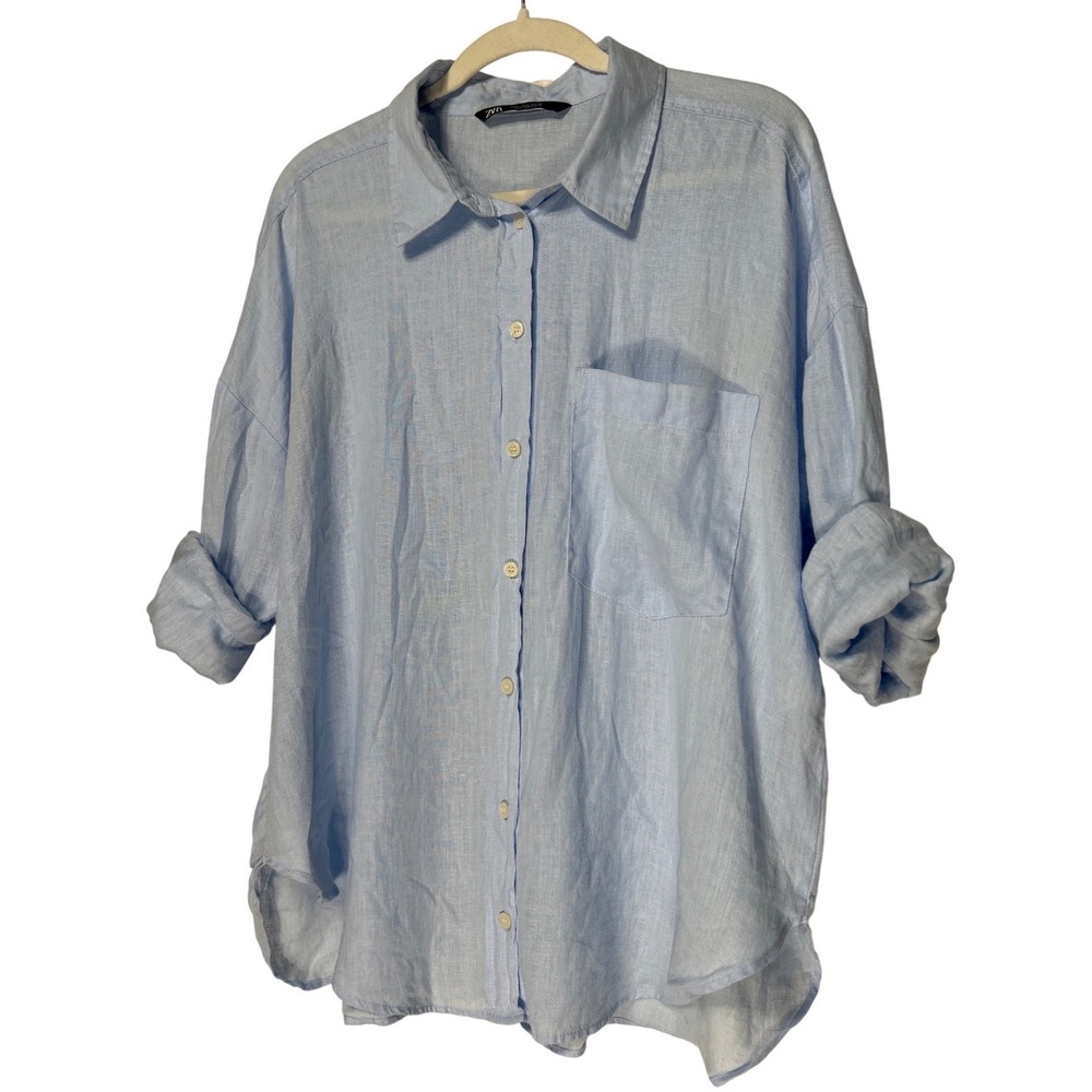 Zara Women's Light Blue 100% Linen Oversized Button Down Shirt Large Pocket Top